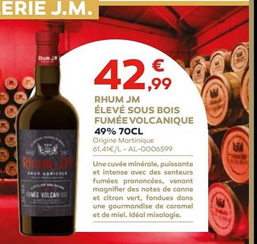 rhum jm élevé sous bois fumée volcanique 49% 70 cl
