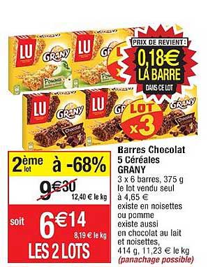 barres chocolat 5 céréales grany lu