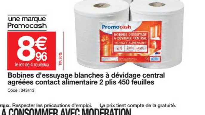 bobines d'essuyage blanches à dévidage central agréées contact alimentaire 2 plis 450 feuilles