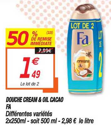 douche cream & oil cacao fa 50% de remise immédiate