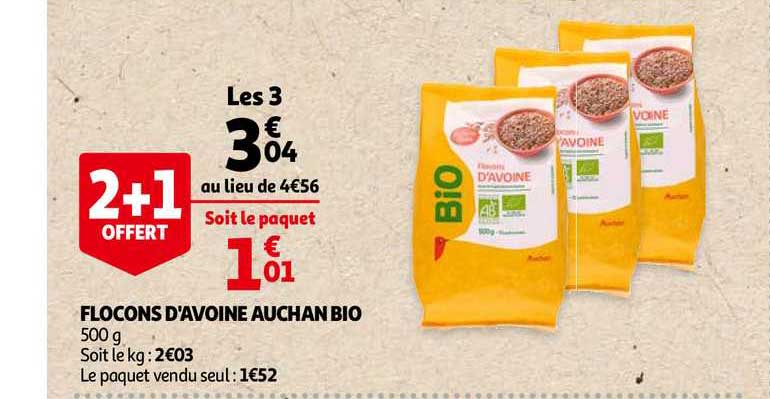 flocons d'avoine auchan bio 2+1 offert