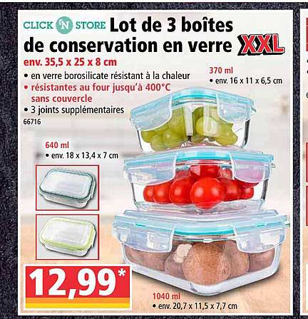 lot de 3 boîtes de conservation en verre xxl click n store
