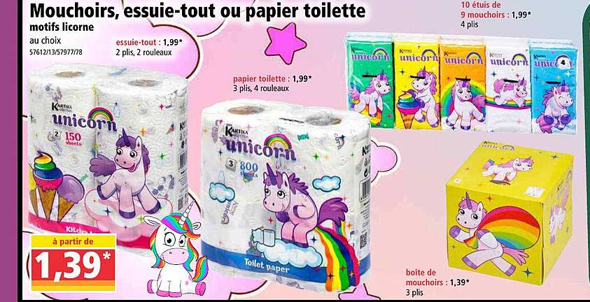 mouchoirs, essuie-tout ou papier toilette motifs licorne kartika