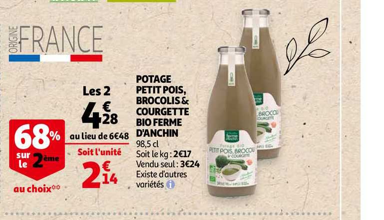 potage petit pois brocolis & courgettes bio ferme d'anchin 68% sur le 2ème au choix