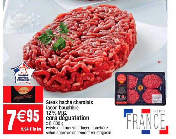 steak haché charolais façon bouchère 12% m.g. cora dégustation