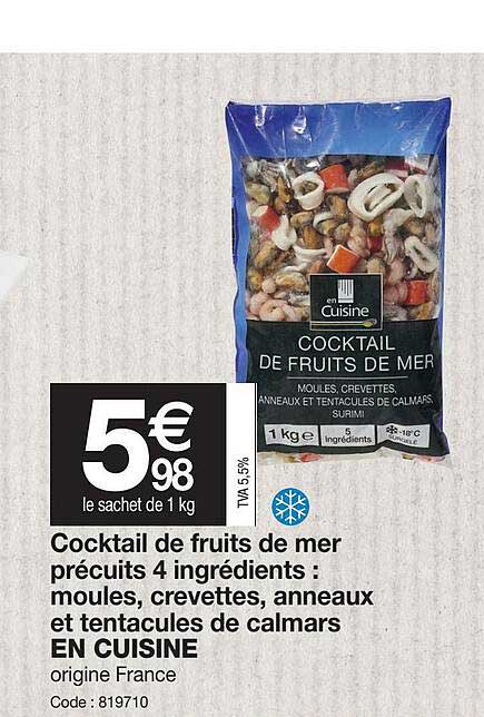 Cocktail De Fruits De Mer Précuits 4 Ingrédients : Moules, Crevettes, Anneaux Et Tentacules De Calmars En Cuisine