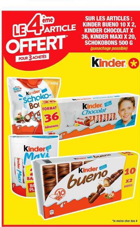 kinder bueno 10 x 2, kinder chocolat x36, kinder maxi x20, schokobons 500 g