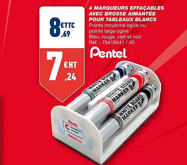 4 marqueurs effaçables avec brosse aimantée pour tableaux blancs