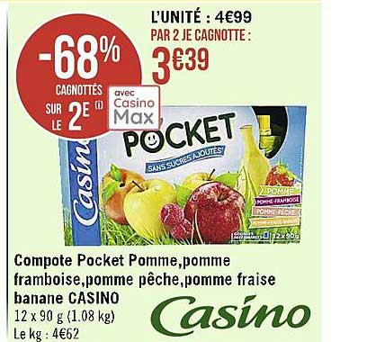 Compote Pocket Pomme, Pomme Framboise, Pomme Pêche, Pomme Fraise Banane Casino