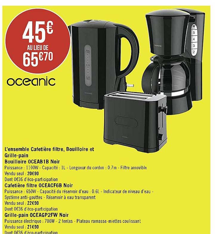 l'ensemble cafetière filtre, bouilloire et grille-pain