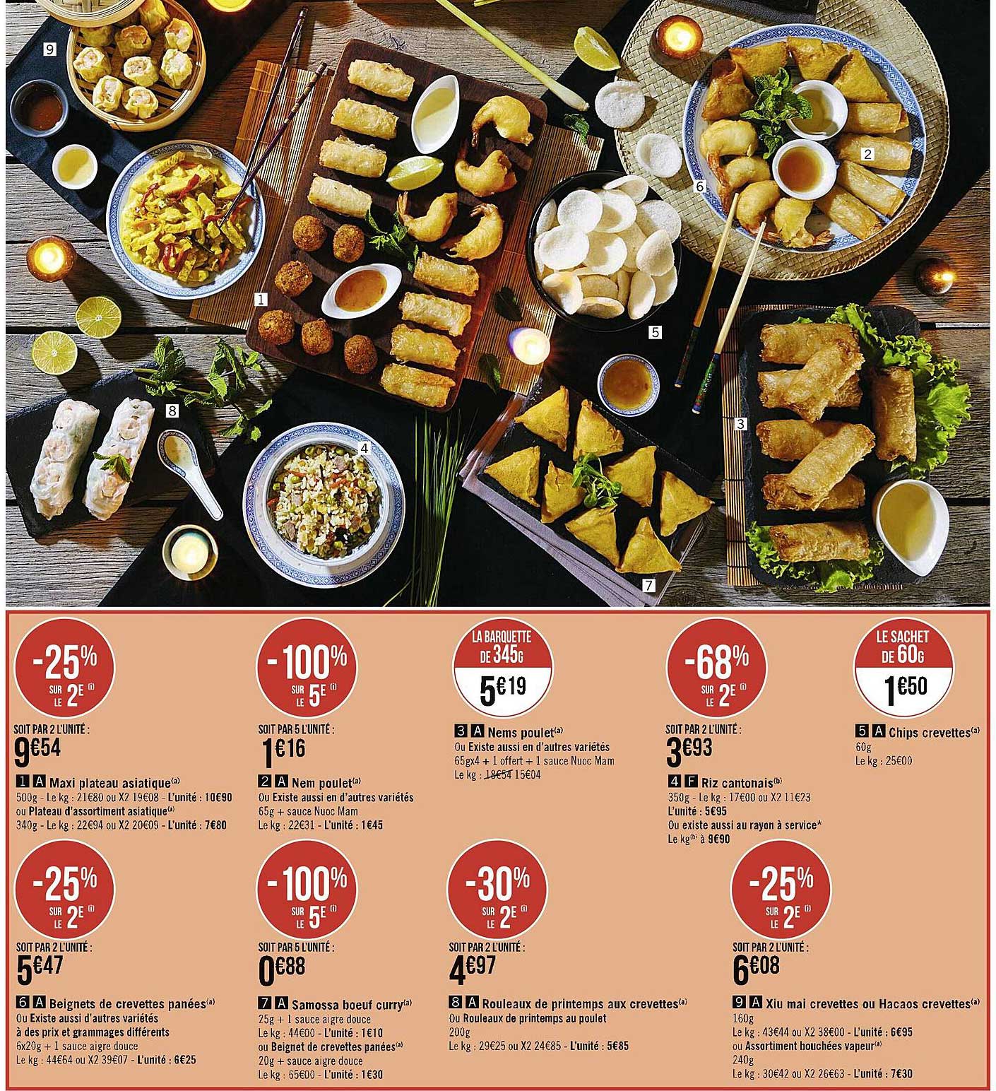 maxi plateau asiatique, nem poulet, poulet nems, riz cantonais, chips crevettes, beignets de crevettes pannées, samossa boeuf curry, rouleaux de printemps aux crevettes ou aux poulets,
