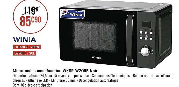 micro-ondes monofonction wkor-w20rb noir winia