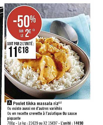 poulet tikka massala riz ou en recette crevette à l'asiatique ou sauce piquante