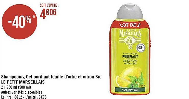 shampooing gel purifiant feuille d'ortie et citron bio le petit marseillais