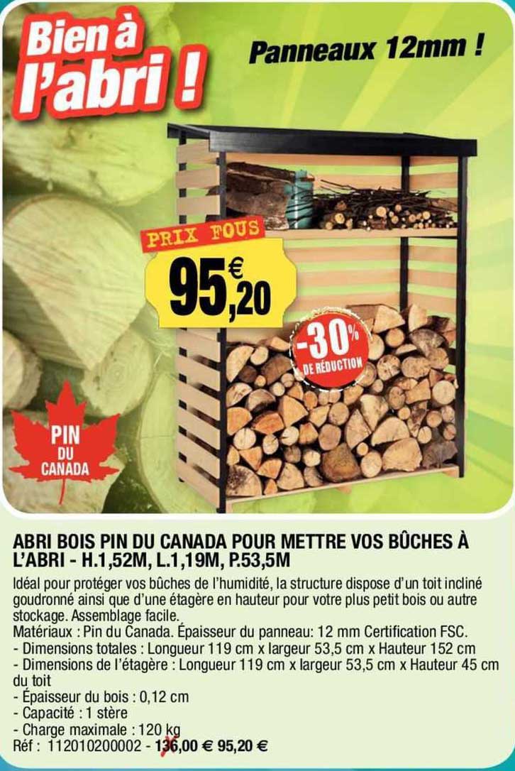 abri bois pin du canada pour mettre vos bûches à l'abri - h. 1,52 m, l. 1,19 m , p. 53,5 m