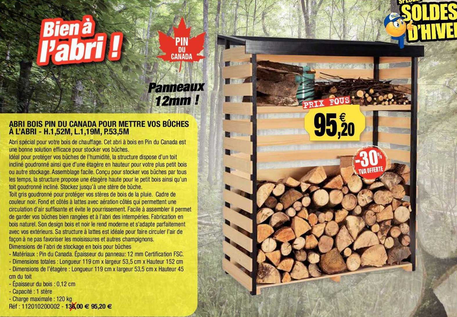 abri bois pin du canada pour mettre vos bûches à l'abri - h. 1,52 m, l. 1,19 m, p. 53,5 m