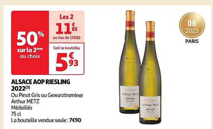 alsace aop riesling 2022 ou pinot gris ou gewurztraminer arthur metz médaillés