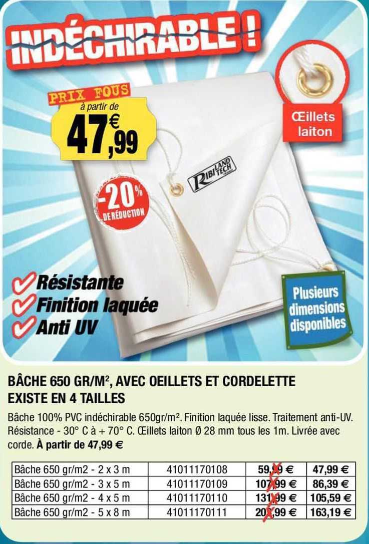 bâche 650 gr/m², avec oeillets et cordelette existe en 4 tailles
