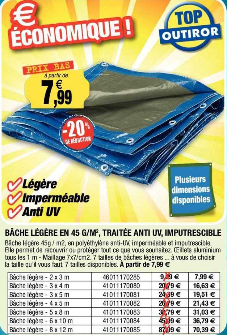 bâche légère en 45 g/m², traitée anti UV, imputrescible