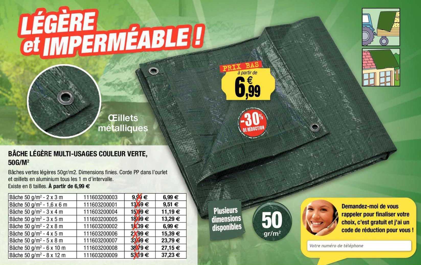 bâche légère multi-usages couleur verte, 50 g/m²