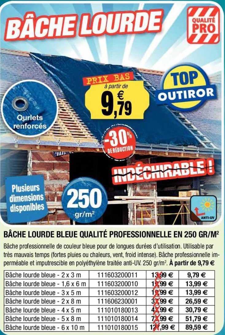 bâche lourde bleue qualité professionnelle en 250 gr/m²