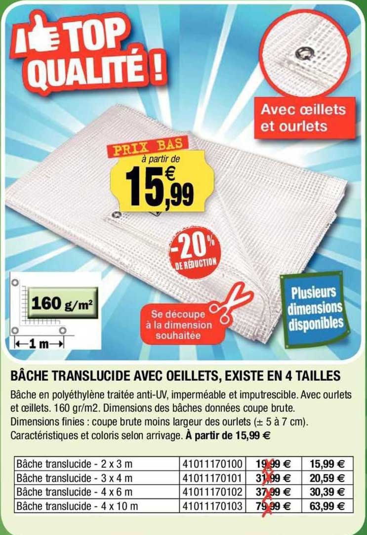 bâche translucide avec œillets, existe en 4 tailles