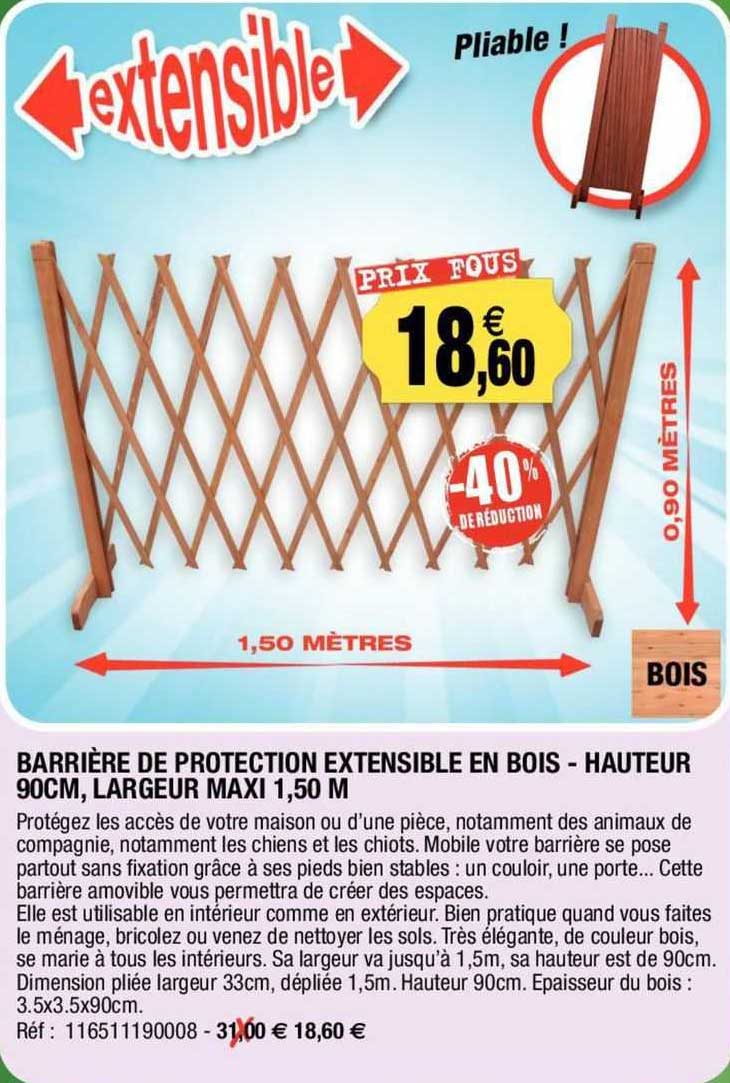 barrière de protection extensible en bois - hauteur 90 cm, largeur maxi 1,50 m