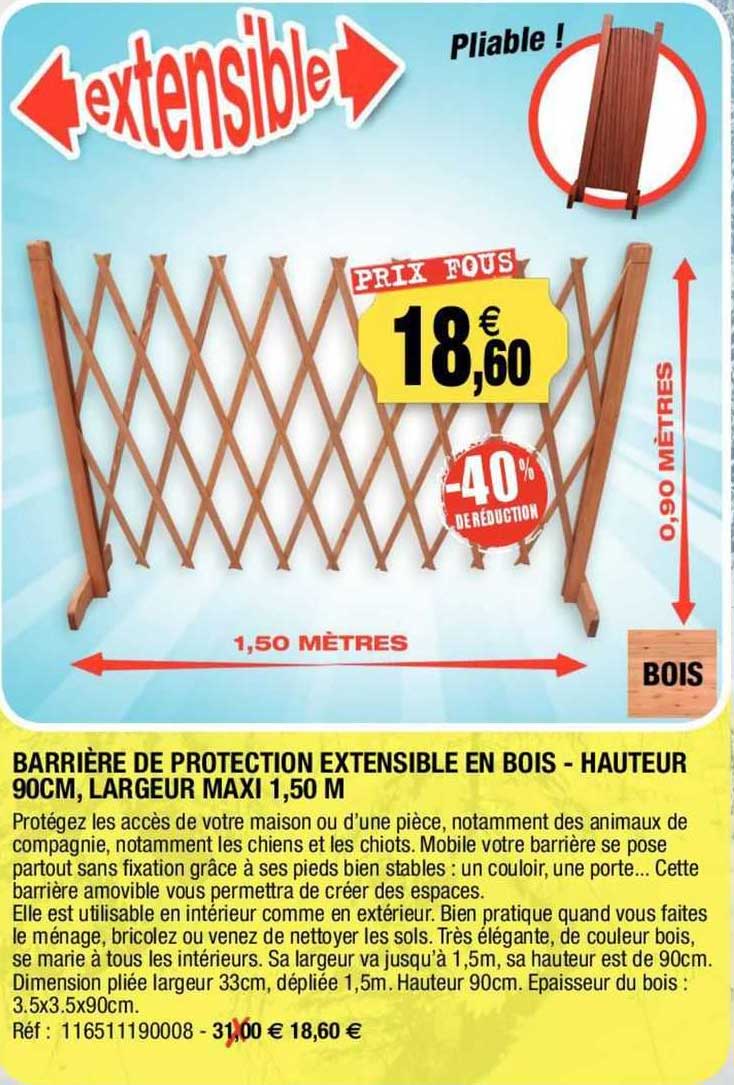 barrière de protection extensible en bois - hauteur 90 cm, largeur maxi 1,50 m