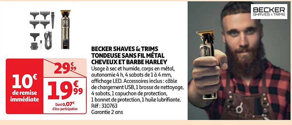 becker shaves & trims tondeuse sans fil métal cheveux et barbe harley