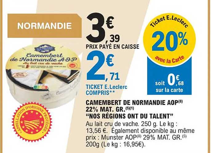 camembert de normandie aop 22% mat. gr. "nos régions ont du talent"
