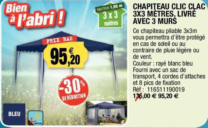 chapiteau clic clac 3 x 3 mètres, livré avec 3 murs