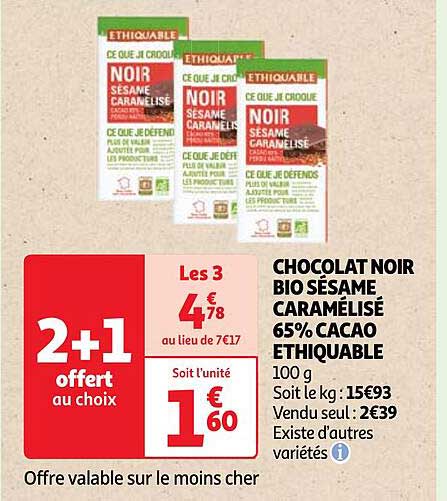 chocolat noir bio sésame caramélisé 65% cacao ethiquable