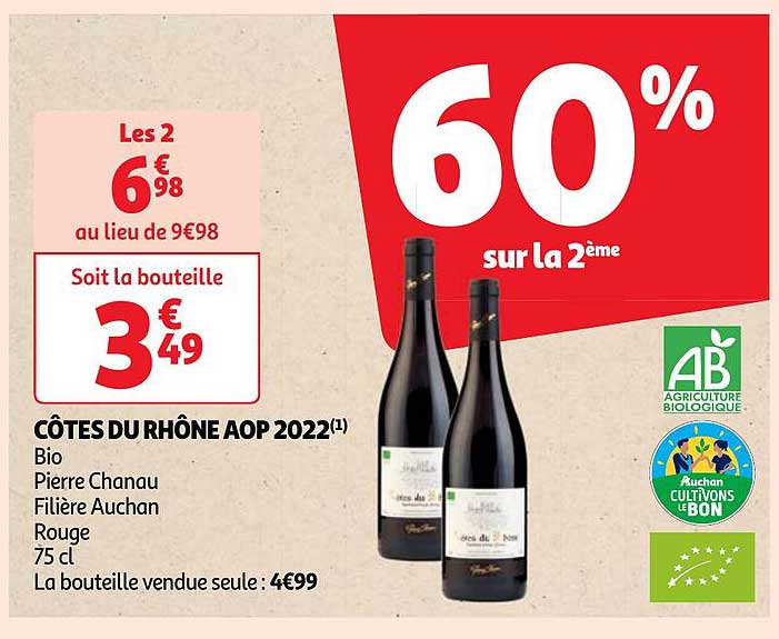 côtes du rhône aop 2022 bio pierre chanau filière auchan