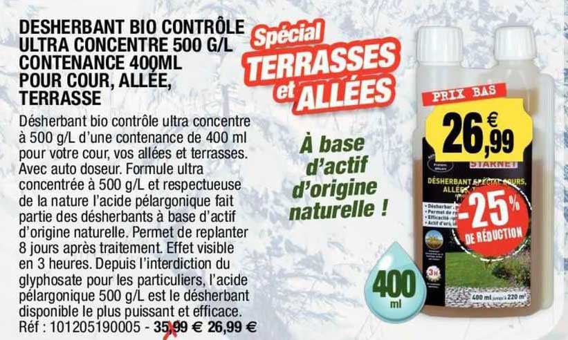 désherbant bio contrôle ultra concentré 500 g/l contenance 400ml pour cour, allée, terrasse