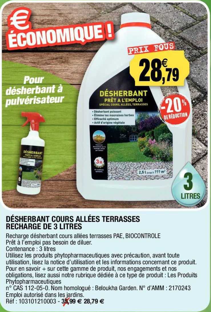désherbant cours allées terrasses recharge de 3 litres