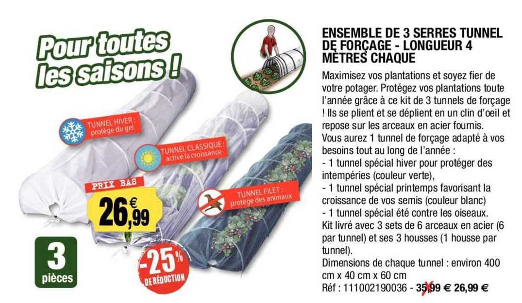 ensemble de 3 serres tunnel de forçage - longueur 4 mètres chaque