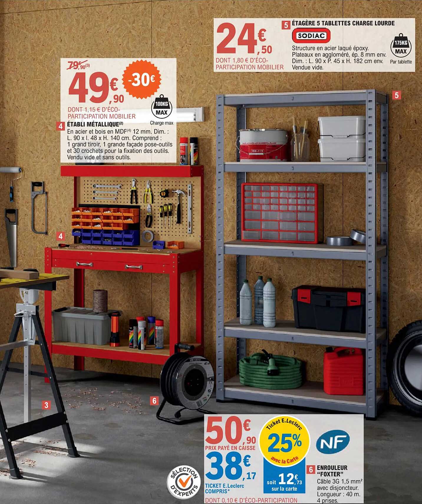 établi métallique, étagère 5 tablettes charge lourde sodiac, enrouleur "foxter"