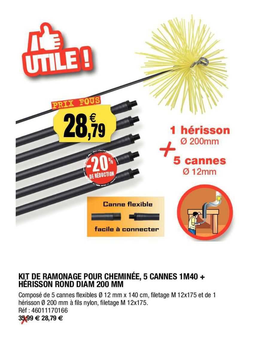 kit de ramonage por chaminée, 5 cannes 1m 40 + hérisson rond diam 200 mm
