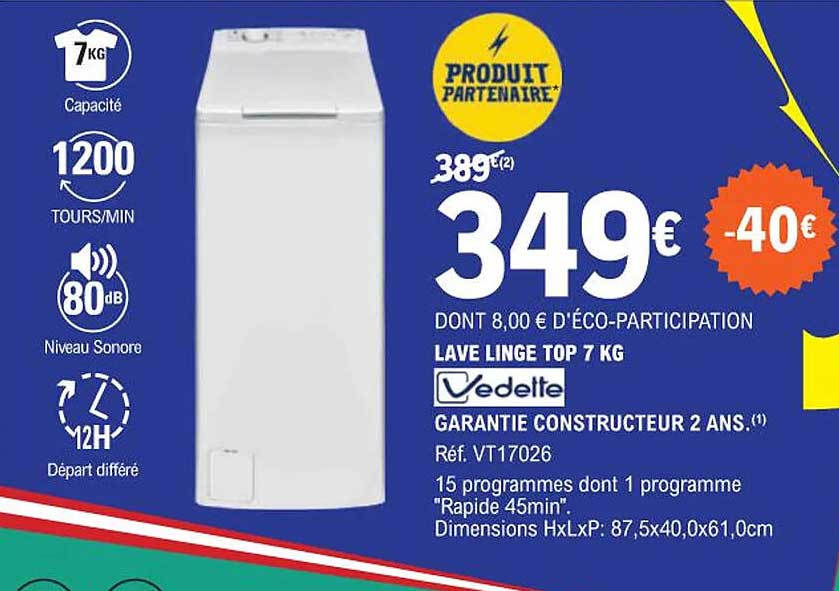 lave linge top 7 kg vedette