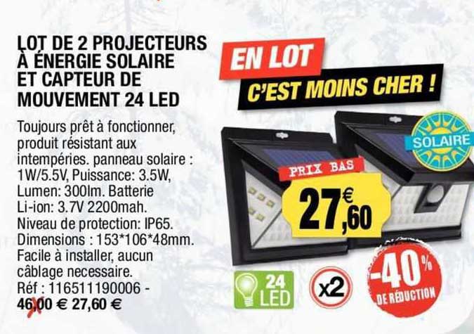 lot de 2 projecteurs à énergie solaire et capteur de mouvement 24 led