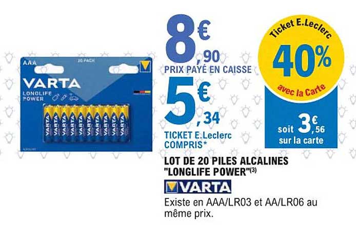 lot de 20 piles alcalines "longlife power" varta