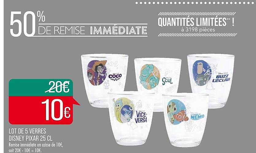 lot de 5 verres disney pixar 25 cl