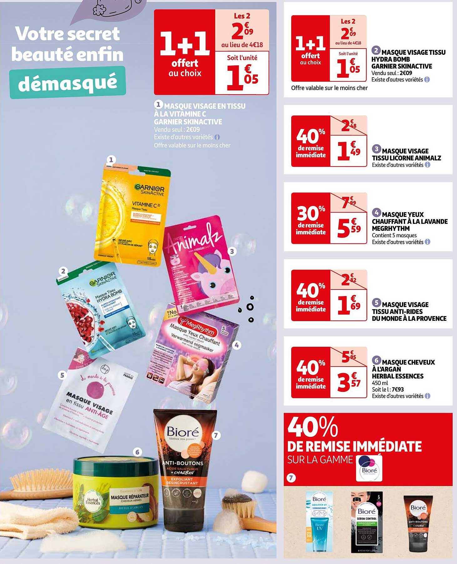 masque visage tissu hydra bomb garnier skinactive, masque visage tissu licorne animalz, masque yeux chauffant à la lavande megrhythm, masque visage tissu anti-rides du monde à la provence