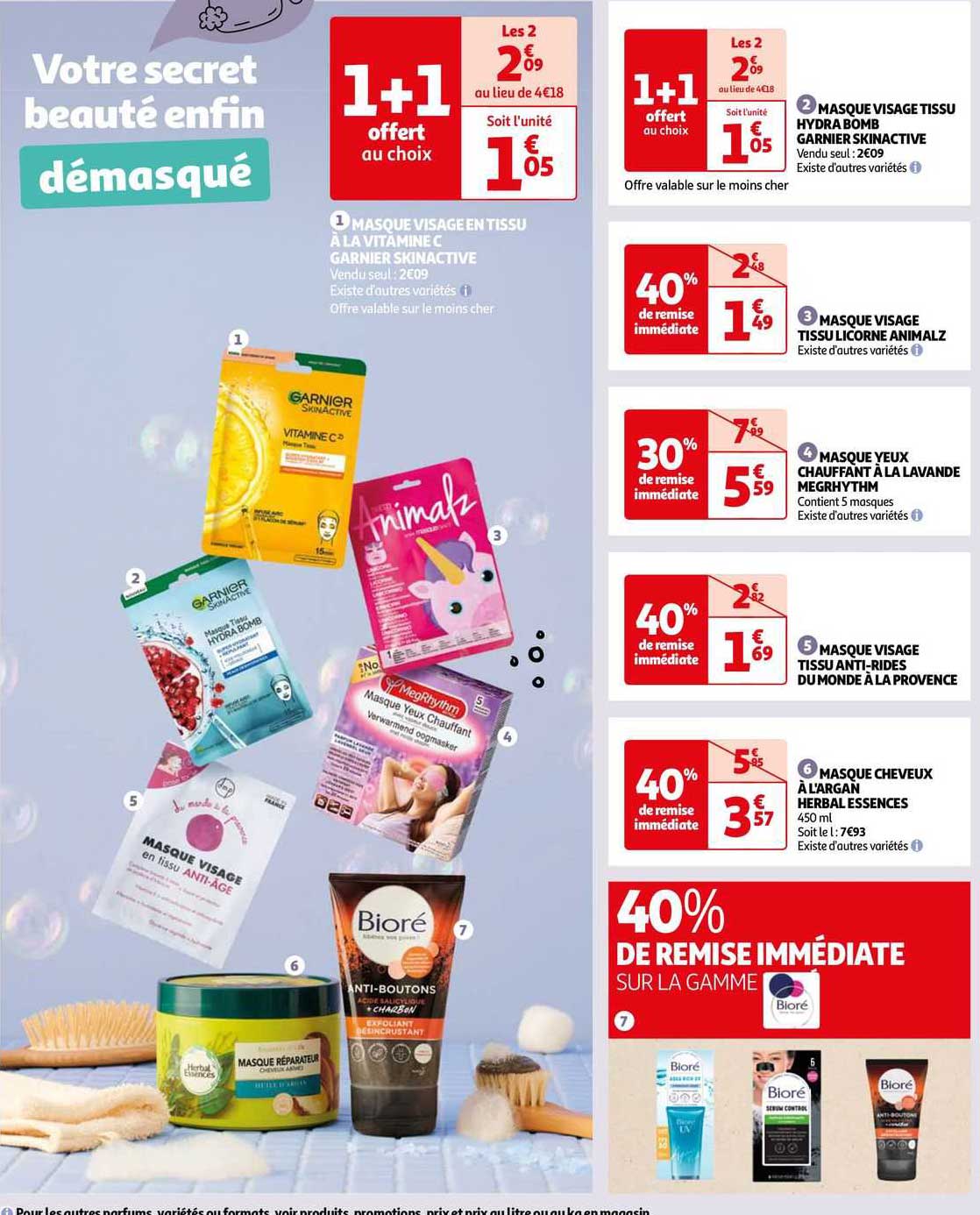 masque visage tissu hydra bomb garnier skinactive, masque visage tissu licorne animalz, masque yeux chauffant à la lavande megrhytm, masque visage tissu anti-rides du monde à la provence