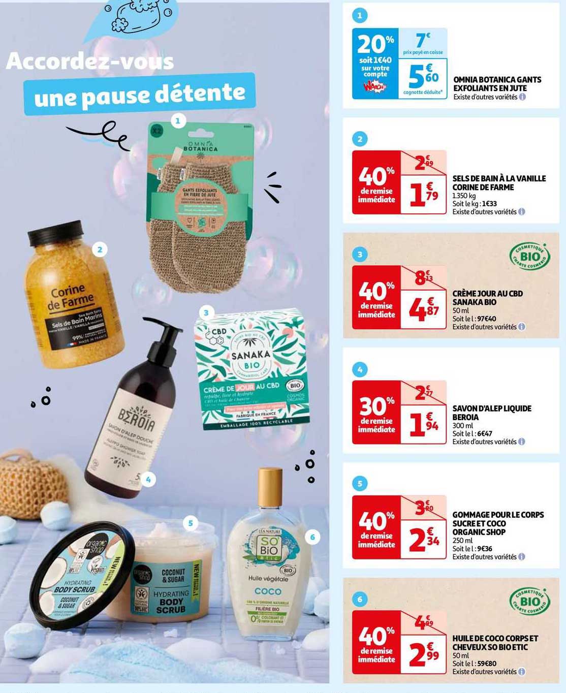 omnia botanica gants exfoliants en jute, sels de bain à la vanille corine de farme, crème jour au cbd sanaka bio, savon d'alep liquide beroia, gommage pour le corps sucre et coco organic shop