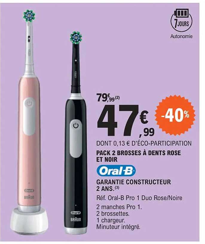 pack 2 brosses à dents rose et noir oral-b
