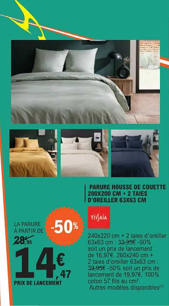 parure housse de couette 200 x 200 cm + 2 taies d'oreiller 63 x 63 cm tissaia