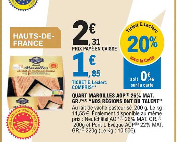 quart maroilles aop 26% mat. gr. "nos régions ont du talent"