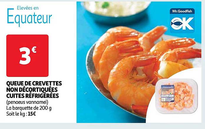 queue de crevettes non décortiquées cuites réfrigérées