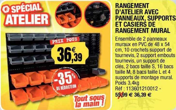 rangement d'atelier avec panneaux, support et casiers de rangement mural